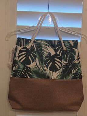 Chi Ulta Beauty Tropical Leaf Canvas Tote Bag with Rope Handles Green & Brown